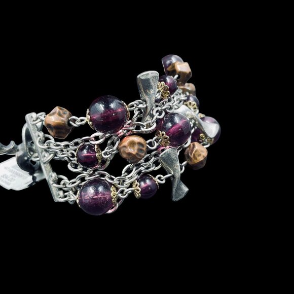 Chicos Multi Strand Beaded Charm Bracelet Purple Gold Silver Boho Statement - Picture 7 of 9